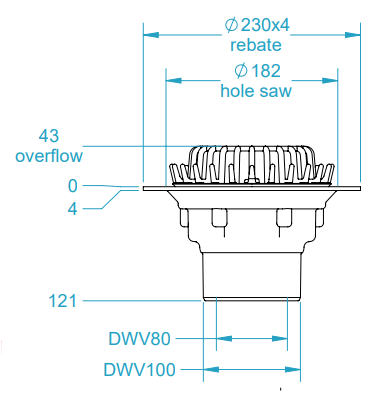 100mm Inlet, 100mm Outlet, Bottom Exit Roof Drain